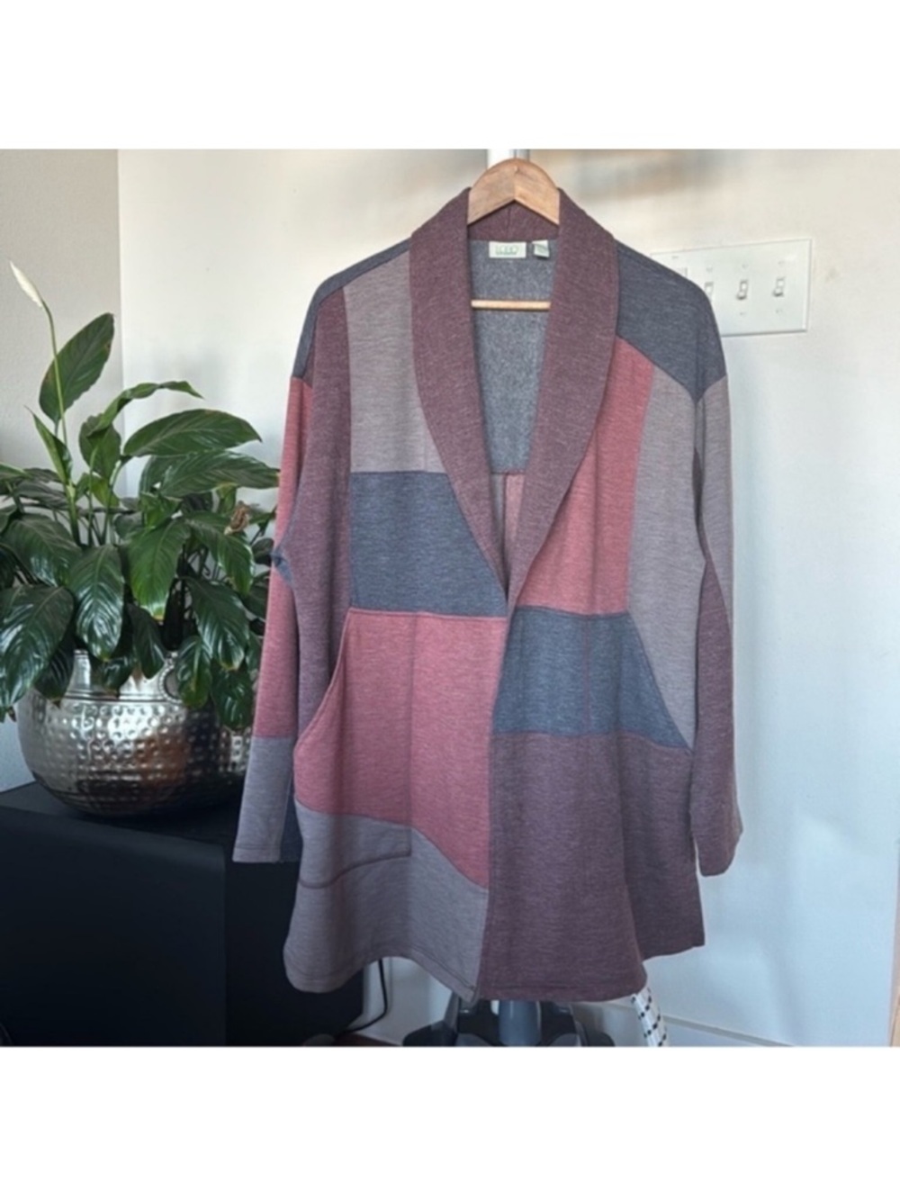 LOGO Lounge by Lori Goldstein Terry Patchwork Duster Cardigan Jacket Sz L Purple